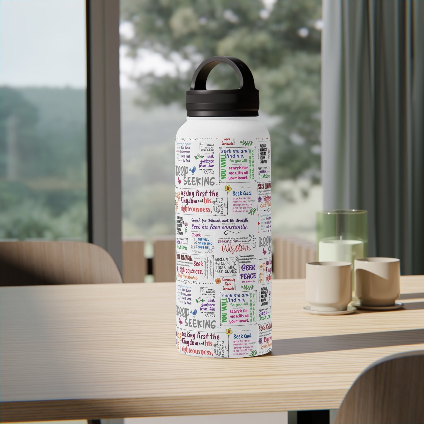 Keep Seeking Stainless Steel Water Bottle with Handle Lid - Motivational Scriptures