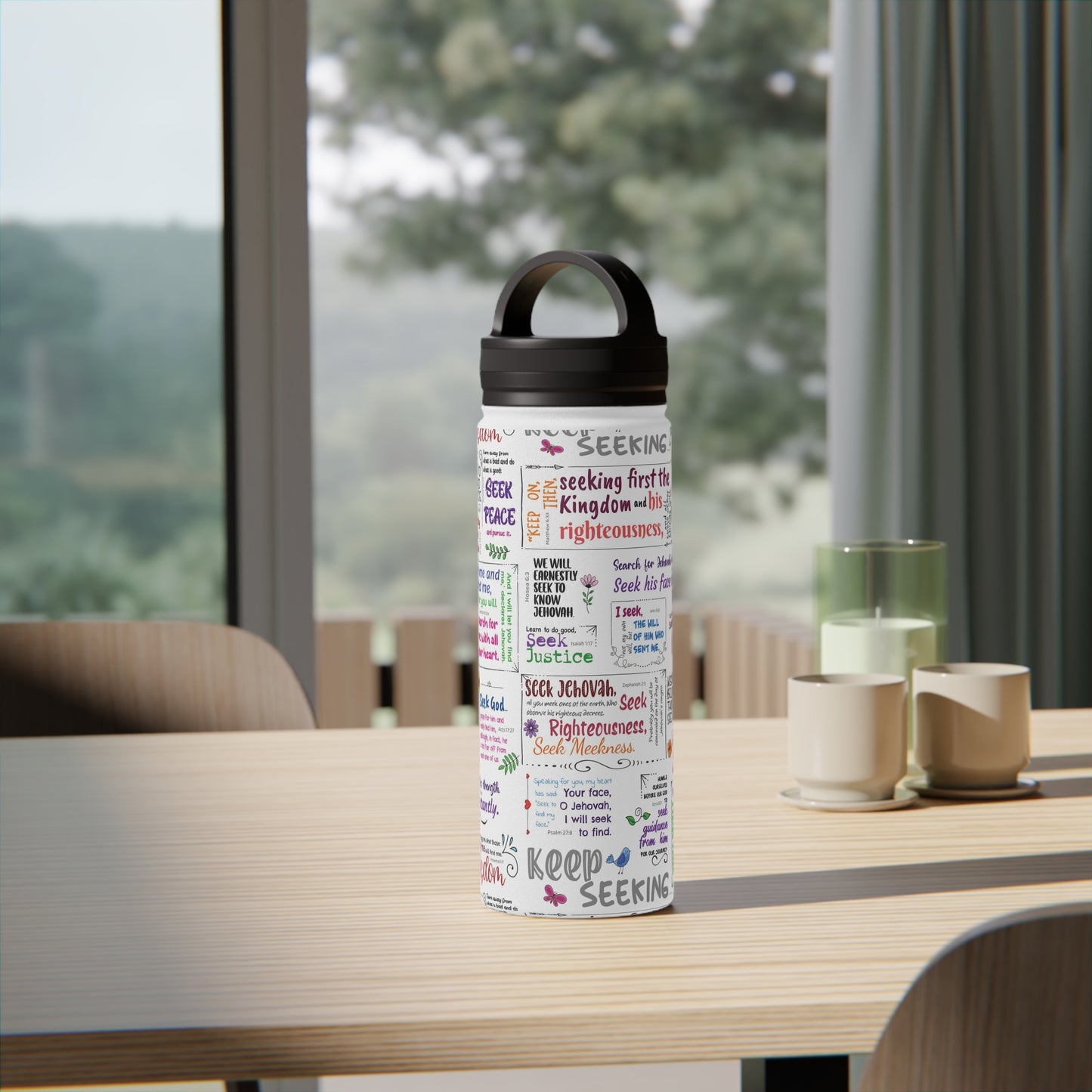 Keep Seeking Stainless Steel Water Bottle with Handle Lid - Motivational Scriptures