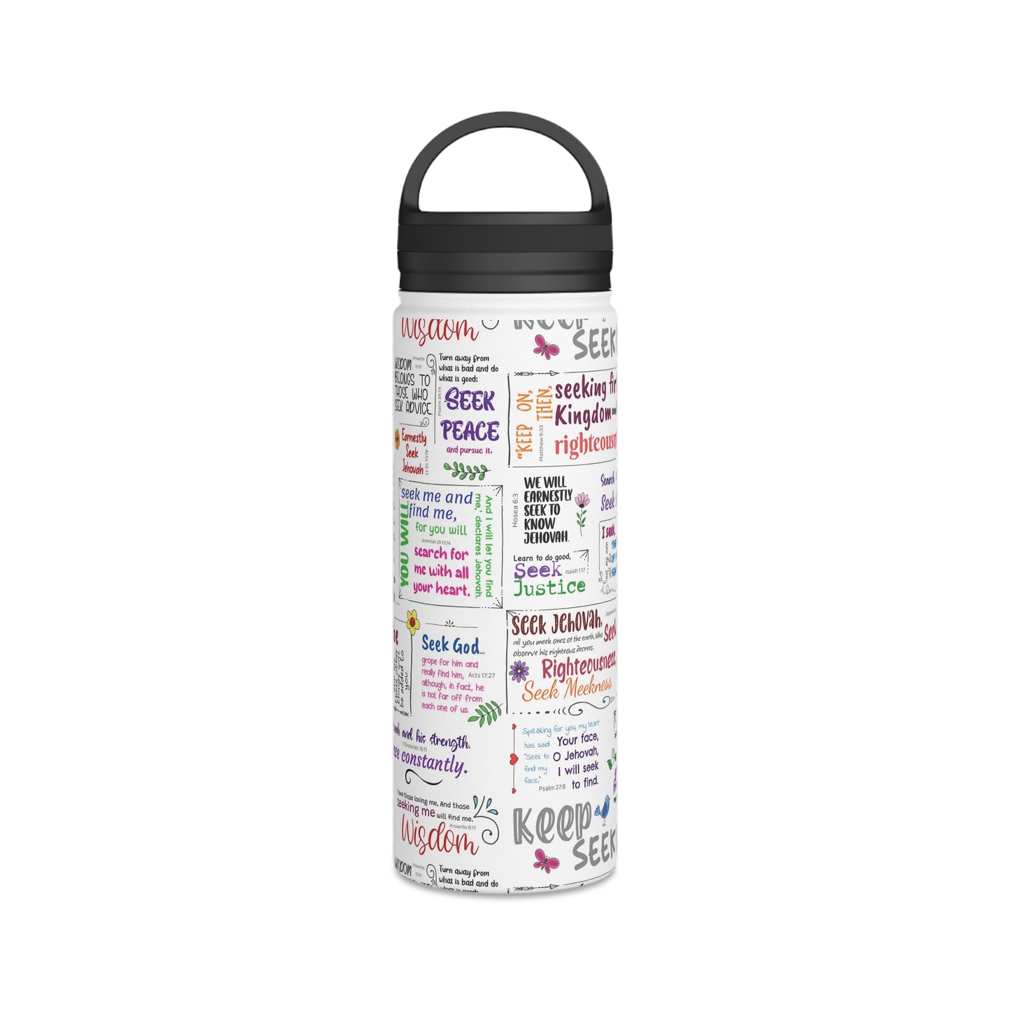 Keep Seeking Stainless Steel Water Bottle with Handle Lid - Motivational Scriptures
