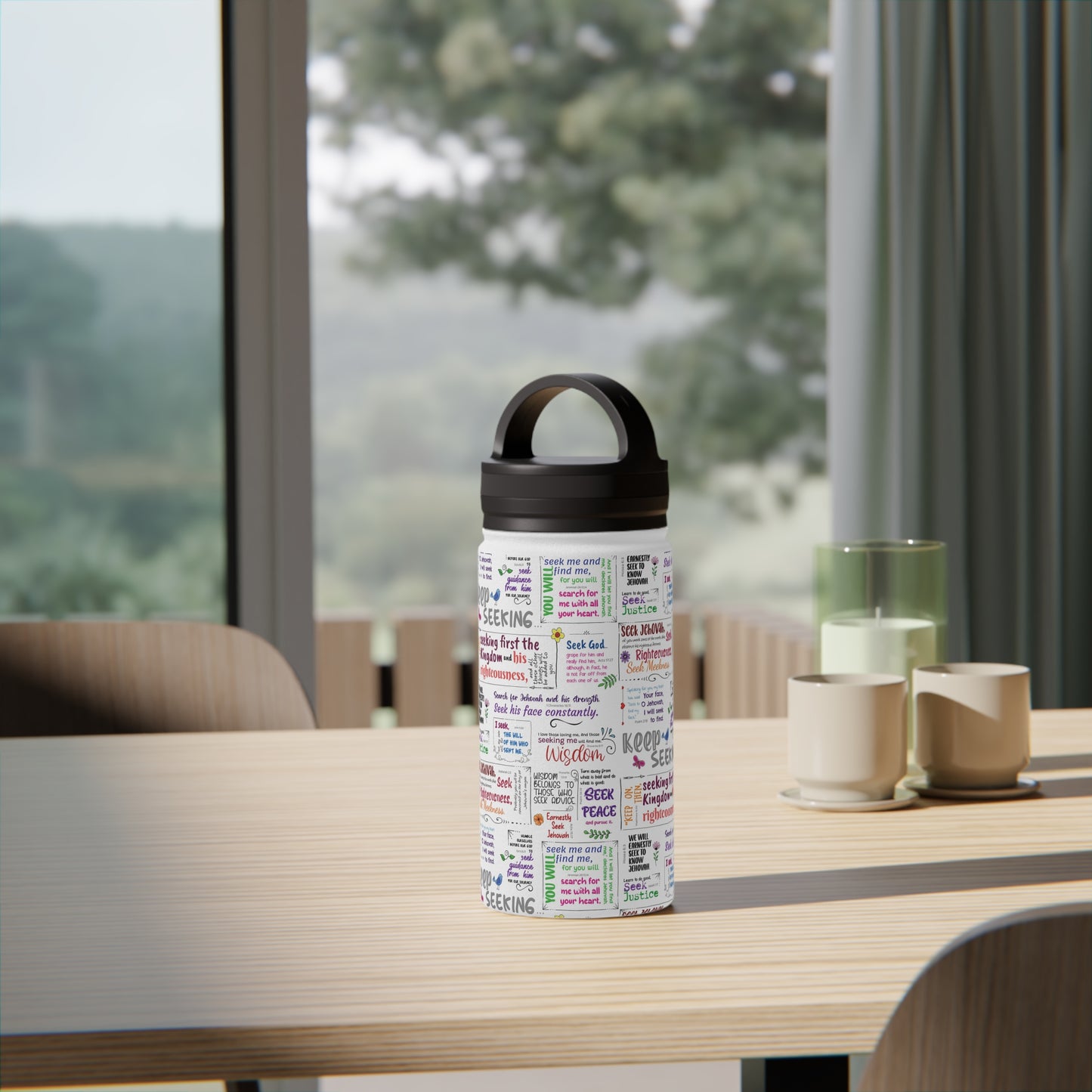 Keep Seeking Stainless Steel Water Bottle with Handle Lid - Motivational Scriptures