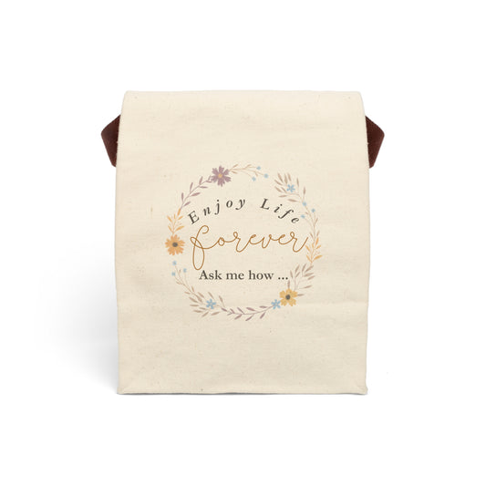 Enjoy Life Forever - Floral Wreath - Conversation Starter - Canvas Lunch Bag