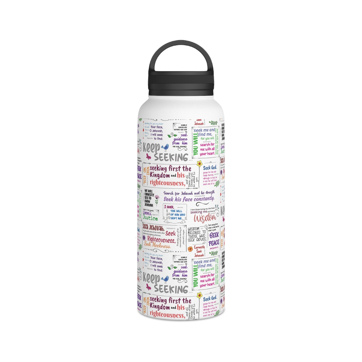 Keep Seeking Stainless Steel Water Bottle with Handle Lid - Motivational Scriptures