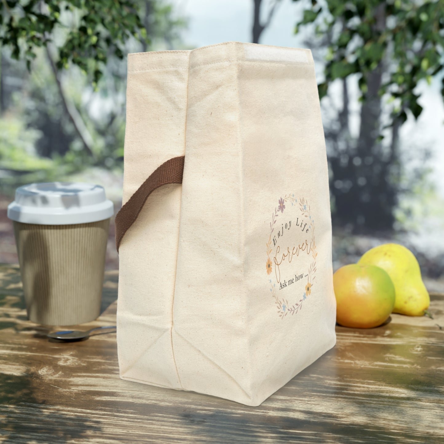 Enjoy Life Forever - Floral Wreath - Conversation Starter - Canvas Lunch Bag